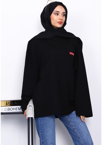 Siyah Bisiklet Yaka Iki Iplik Oversize Sweatshirt modelleri
