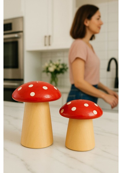 Dekoratif Mantar Tasarımlı Ahşap Tuzluk & Biberlik – Şık Mutfak Aksesuarı fiyatları