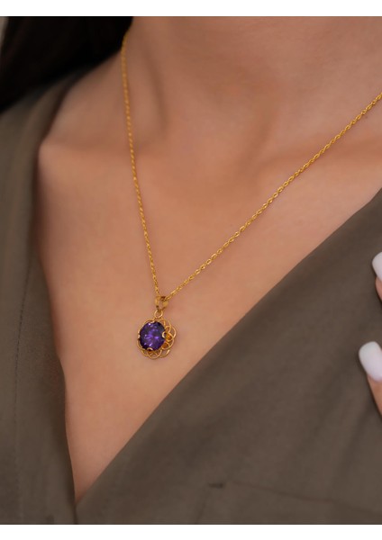 14 Ayar Altın Mor Güneş Taşlı Kolye fiyatları