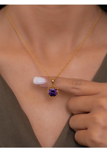14 Ayar Altın Mor Güneş Taşlı Kolye modelleri