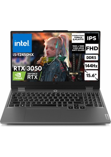 Loq 15IAX9 I5-12450HX 16 GB 512 GB SSD 6gb RTX3050 15.6" 144Hz Fhd Windows 11 Home Gaming Laptop 83GS00QBTRAT27