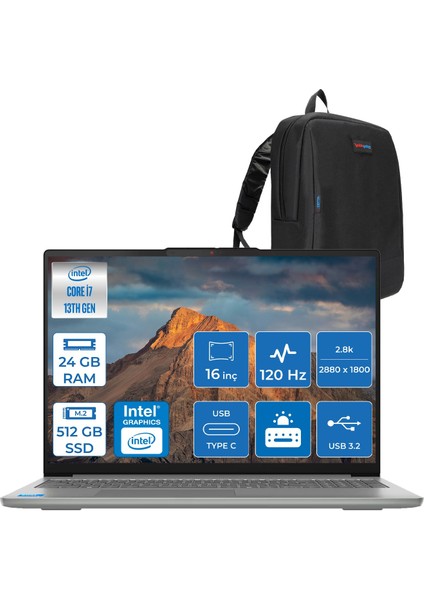 Ideapad Slım 5 Intel Core I7 13620H 24GB Ddr5 512GB SSD Intel UHD Graphics 16" 2.8k (2880X1800) OLED 500NITS 120Hz Freedos Taşınabilir Bilgisayar 83HS009PTRF05 + Zettaçanta