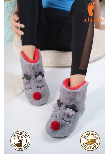Kız Çocuk Geyik Figürlü Ev Botu Panduf Çocuk Peluş Rahat Sessiz Kaymaz Taban Ev Ayakkabısı