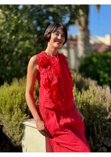 NC14092 Fırfırlı Kolsuz Italyan Keten Takım Mercan