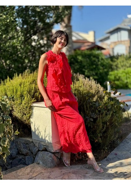 NC14092 Fırfırlı Kolsuz Italyan Keten Takım Mercan modelleri