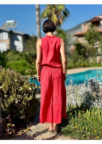 NC14092 Fırfırlı Kolsuz Italyan Keten Takım Mercan fırsatları