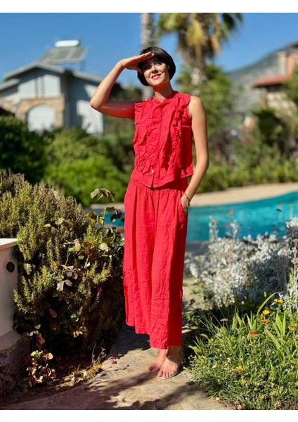 NC14092 Fırfırlı Kolsuz Italyan Keten Takım Mercan indirimleri