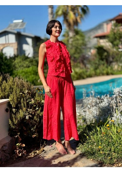 NC14092 Fırfırlı Kolsuz Italyan Keten Takım Mercan