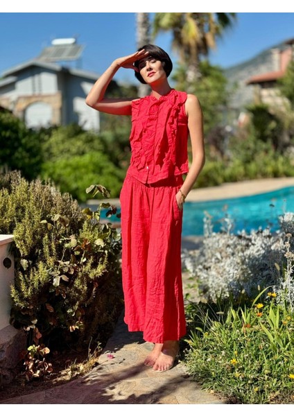 NC14092 Fırfırlı Kolsuz Italyan Keten Takım Mercan