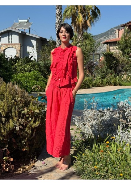 NC14092 Fırfırlı Kolsuz Italyan Keten Takım Mercan