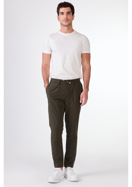 Haki Bağcıklı Pileli Jogger Erkek Pantolon