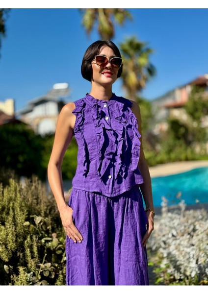 NC14092 Fırfırlı Kolsuz Italyan Keten Takım Mor