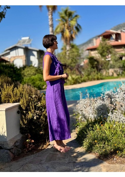 NC14092 Fırfırlı Kolsuz Italyan Keten Takım Mor fiyatları