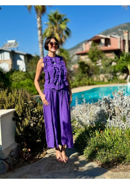 NC14092 Fırfırlı Kolsuz Italyan Keten Takım Mor modelleri