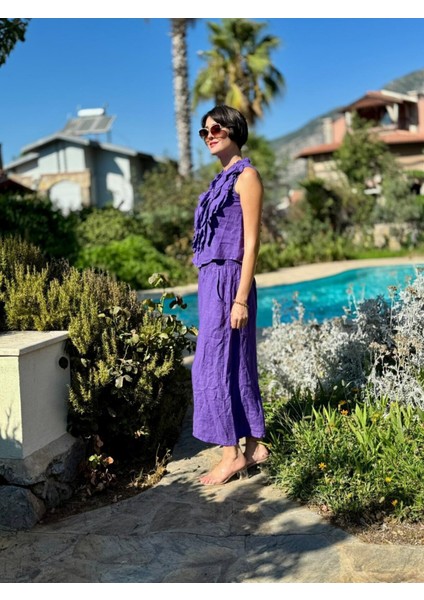 NC14092 Fırfırlı Kolsuz Italyan Keten Takım Mor fırsatları