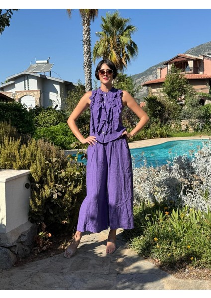 NC14092 Fırfırlı Kolsuz Italyan Keten Takım Mor indirimleri