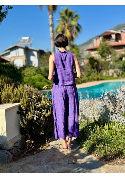 NC14092 Fırfırlı Kolsuz Italyan Keten Takım Mor