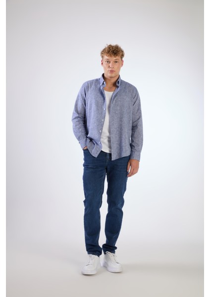 Koyu Lacivert Keten Düz Renk Regular Fit Erkek Gömlek