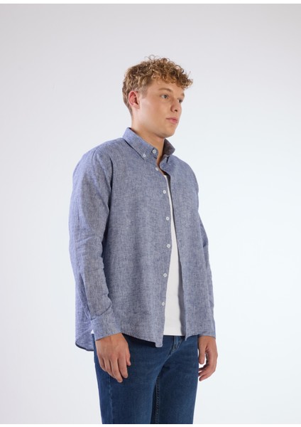 Koyu Lacivert Keten Düz Renk Regular Fit Erkek Gömlek fiyatları