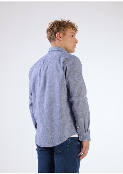 Koyu Lacivert Keten Düz Renk Regular Fit Erkek Gömlek modelleri