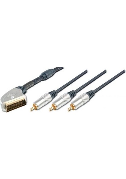 Yüksek Kaliteli Scart Kablosu, Scart Erkek &lt;-&gt; 3 x Rca Erkek Cinch Konnektör, 5 Metre, Metal Fiş, Krom Kaplama, Kontak Uçları Altın Kaplama, Ferrite Filtre, Zırhlı