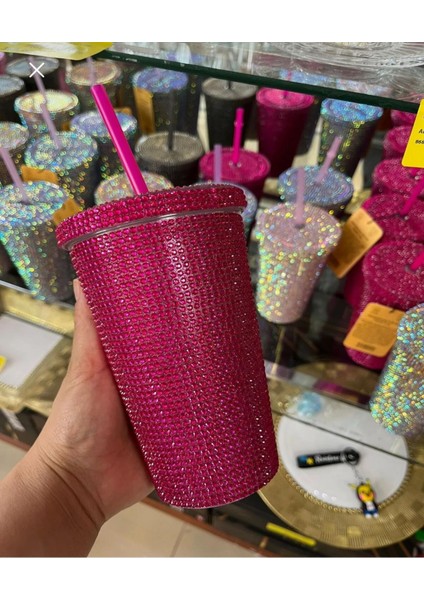 Parlak Taşlı Pipetli Mug Bardak 500ML