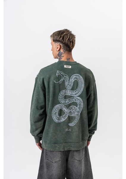 Erkek Snake Nakışlı Yıkamalı Bisiklet Yaka Oversize Sweatshirt Yeşil