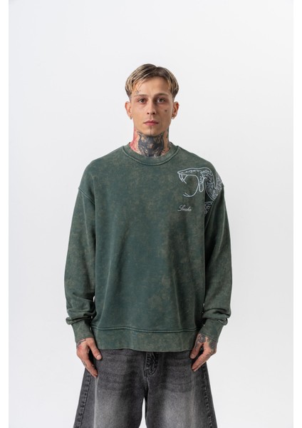 Erkek Snake Nakışlı Yıkamalı Bisiklet Yaka Oversize Sweatshirt Yeşil fiyatları