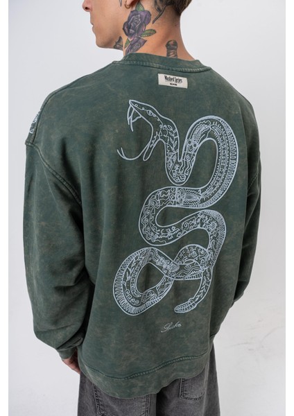 Erkek Snake Nakışlı Yıkamalı Bisiklet Yaka Oversize Sweatshirt Yeşil fırsatları