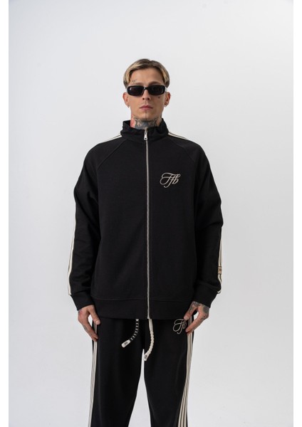 Erkek 3'lü Şerit Detaylı Dik Yaka Doubleface Zip Oversize Sweatshirt Siyah