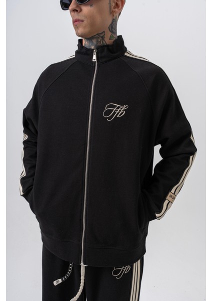 Erkek 3'lü Şerit Detaylı Dik Yaka Doubleface Zip Oversize Sweatshirt Siyah fırsatları