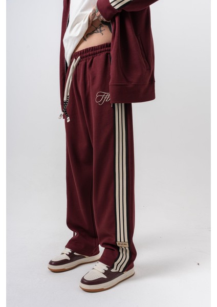 Erkek 3'lü Şerit Detaylı Kışlık Doubleface Baggy Eşofman Altı Bordo