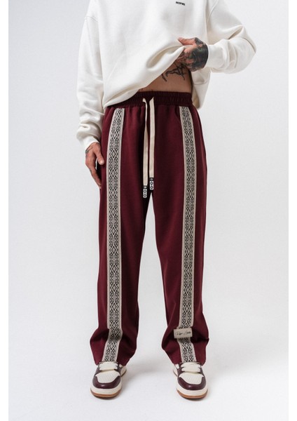 Erkek Etnik Şerit Detaylı Kışlık Doubleface Baggy Eşofman Altı Bordo