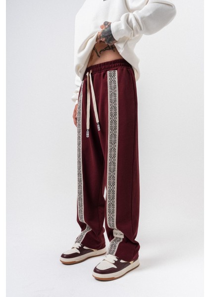 Erkek Etnik Şerit Detaylı Kışlık Doubleface Baggy Eşofman Altı Bordo fiyatları