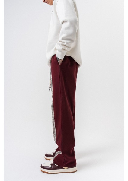 Erkek Etnik Şerit Detaylı Kışlık Doubleface Baggy Eşofman Altı Bordo modelleri
