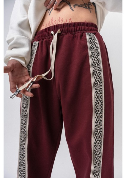 Erkek Etnik Şerit Detaylı Kışlık Doubleface Baggy Eşofman Altı Bordo indirimleri