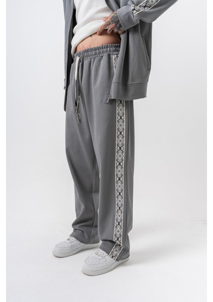 Erkek Damask Şerit Detaylı Kışlık Doubleface Baggy Eşofman Altı Füme