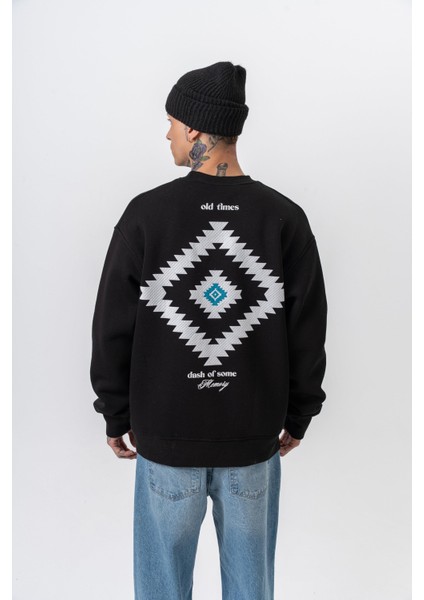 Erkek Memory Baskılı Bisiklet Yaka Oversize Sweatshirt Siyah