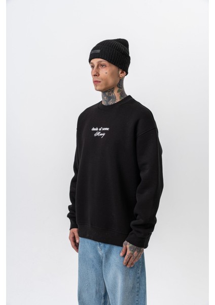 Erkek Memory Baskılı Bisiklet Yaka Oversize Sweatshirt Siyah modelleri