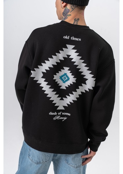 Erkek Memory Baskılı Bisiklet Yaka Oversize Sweatshirt Siyah fırsatları