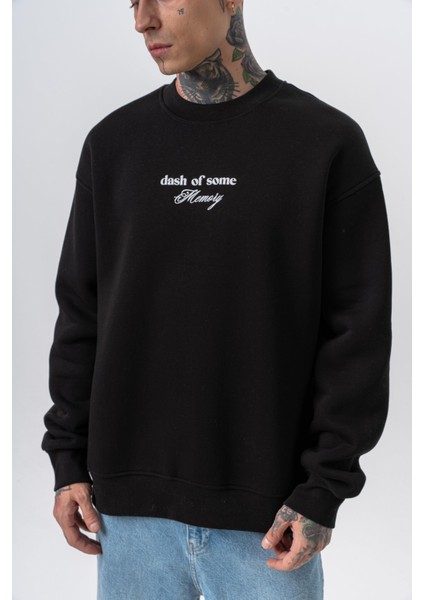Erkek Memory Baskılı Bisiklet Yaka Oversize Sweatshirt Siyah indirimleri