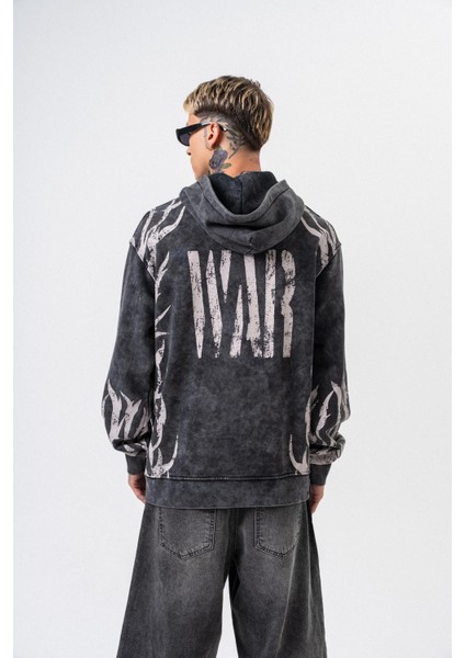 Erkek War Baskılı Yıkamalı Kapüşonlu Oversize Hoodie Siyah