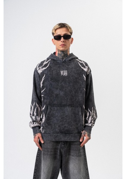 Erkek War Baskılı Yıkamalı Kapüşonlu Oversize Hoodie Siyah fiyatları