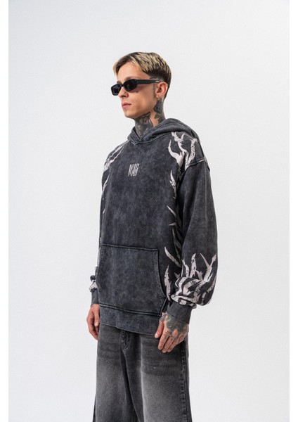 Erkek War Baskılı Yıkamalı Kapüşonlu Oversize Hoodie Siyah modelleri