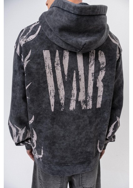 Erkek War Baskılı Yıkamalı Kapüşonlu Oversize Hoodie Siyah fırsatları
