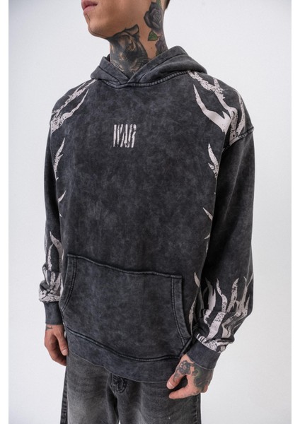 Erkek War Baskılı Yıkamalı Kapüşonlu Oversize Hoodie Siyah indirimleri