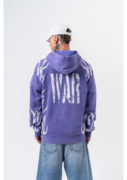 Erkek War Baskılı Yıkamalı Kapüşonlu Oversize Hoodie Mor