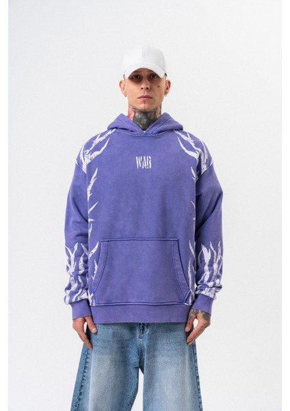 Erkek War Baskılı Yıkamalı Kapüşonlu Oversize Hoodie Mor fiyatları