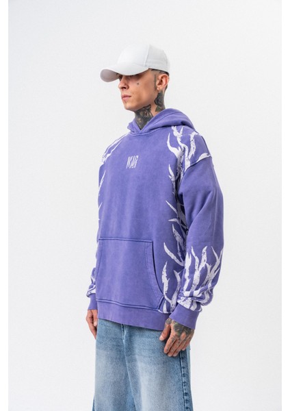 Erkek War Baskılı Yıkamalı Kapüşonlu Oversize Hoodie Mor modelleri