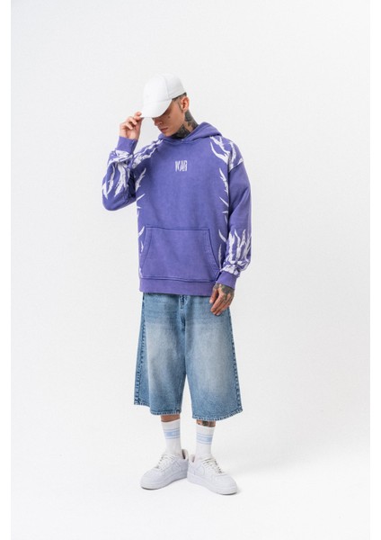 Erkek War Baskılı Yıkamalı Kapüşonlu Oversize Hoodie Mor fırsatları